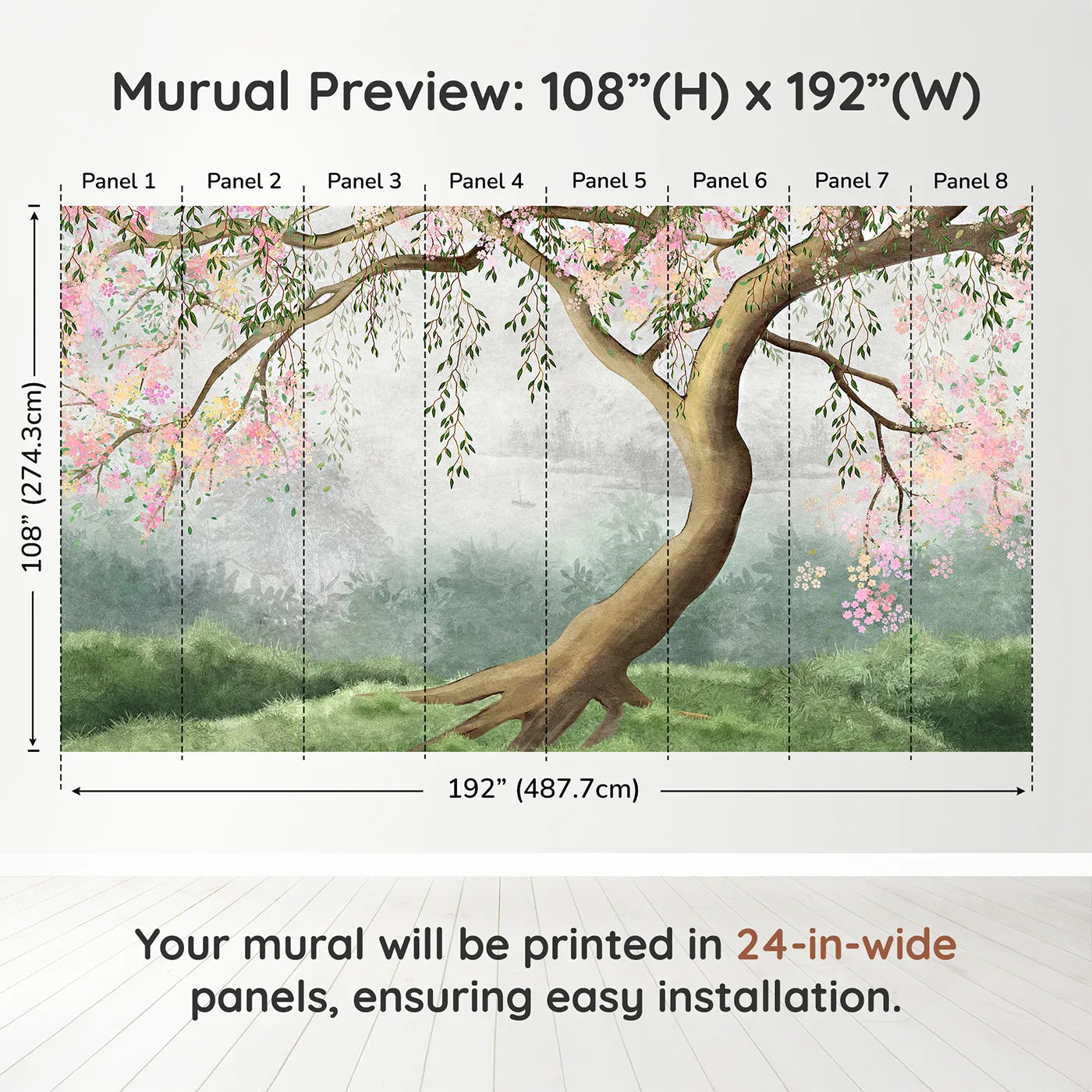 Whimsy Tots Misty Blossom Tree Wall Muraldimension view (108" H x 192" W). Printed in eight 24-inch-wide panels. Gender-Neutral