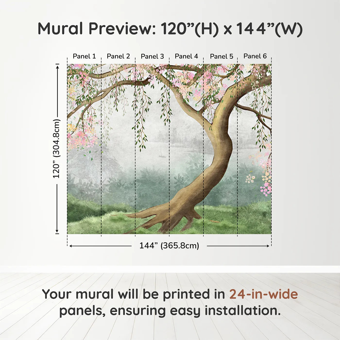 Whimsy Tots Misty Blossom Tree Wall Muraldimension view (120" H x 144" W). Printed in six 24-inch-wide panels. Gender-Neutral