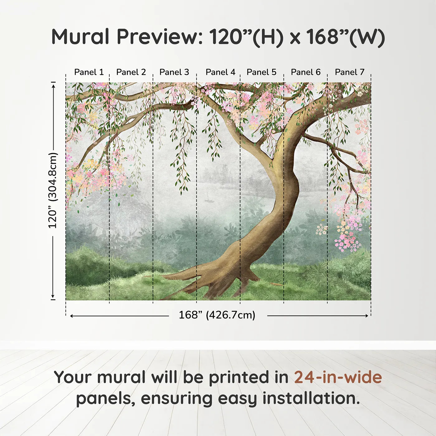 Whimsy Tots Misty Blossom Tree Wall Muraldimension view (120" H x 168" W). Printed in seven 24-inch-wide panels. Gender-Neutral