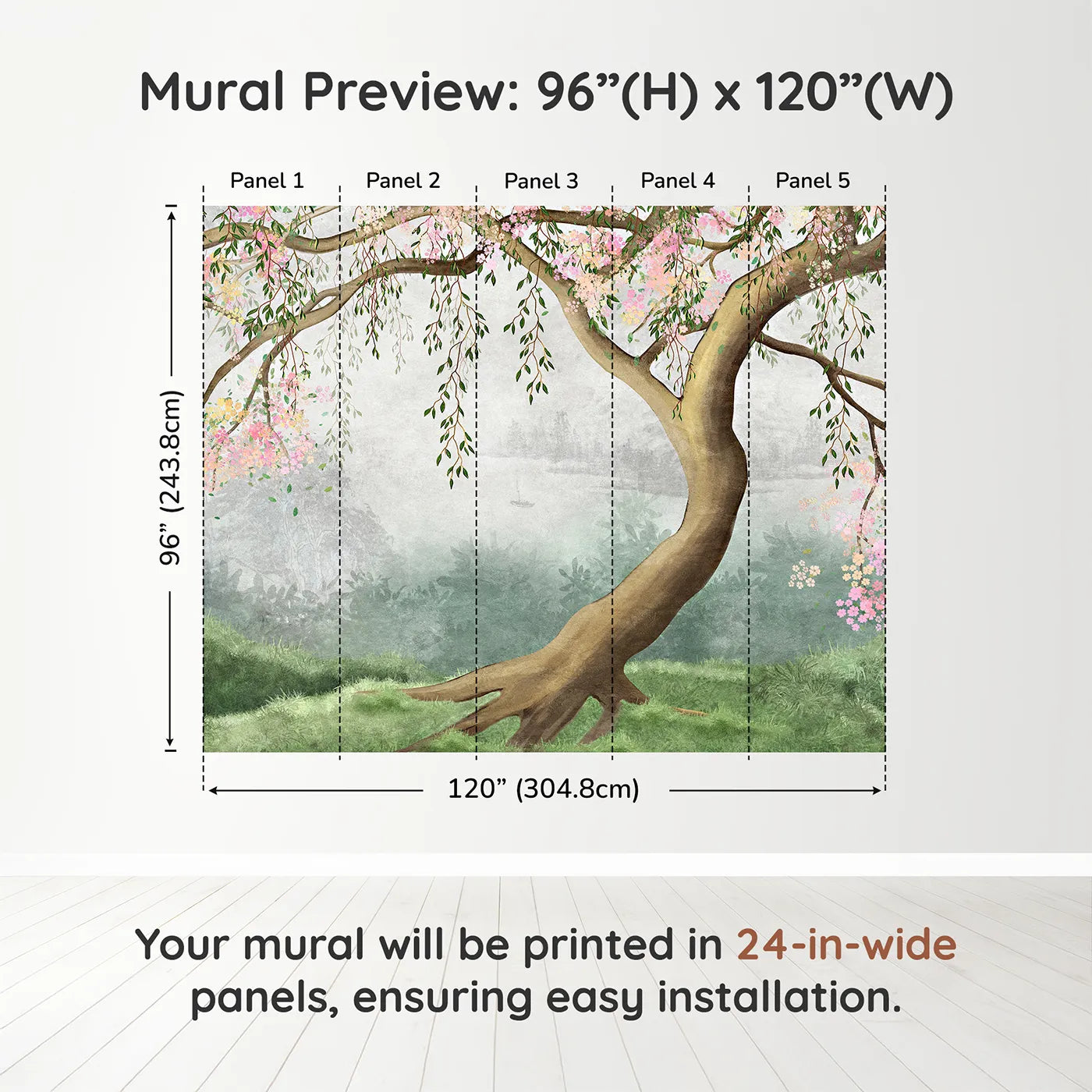 Whimsy Tots Misty Blossom Tree Wall Muraldimension view (96" H x 120" W). Printed in five 24-inch-wide panels. Gender-Neutral