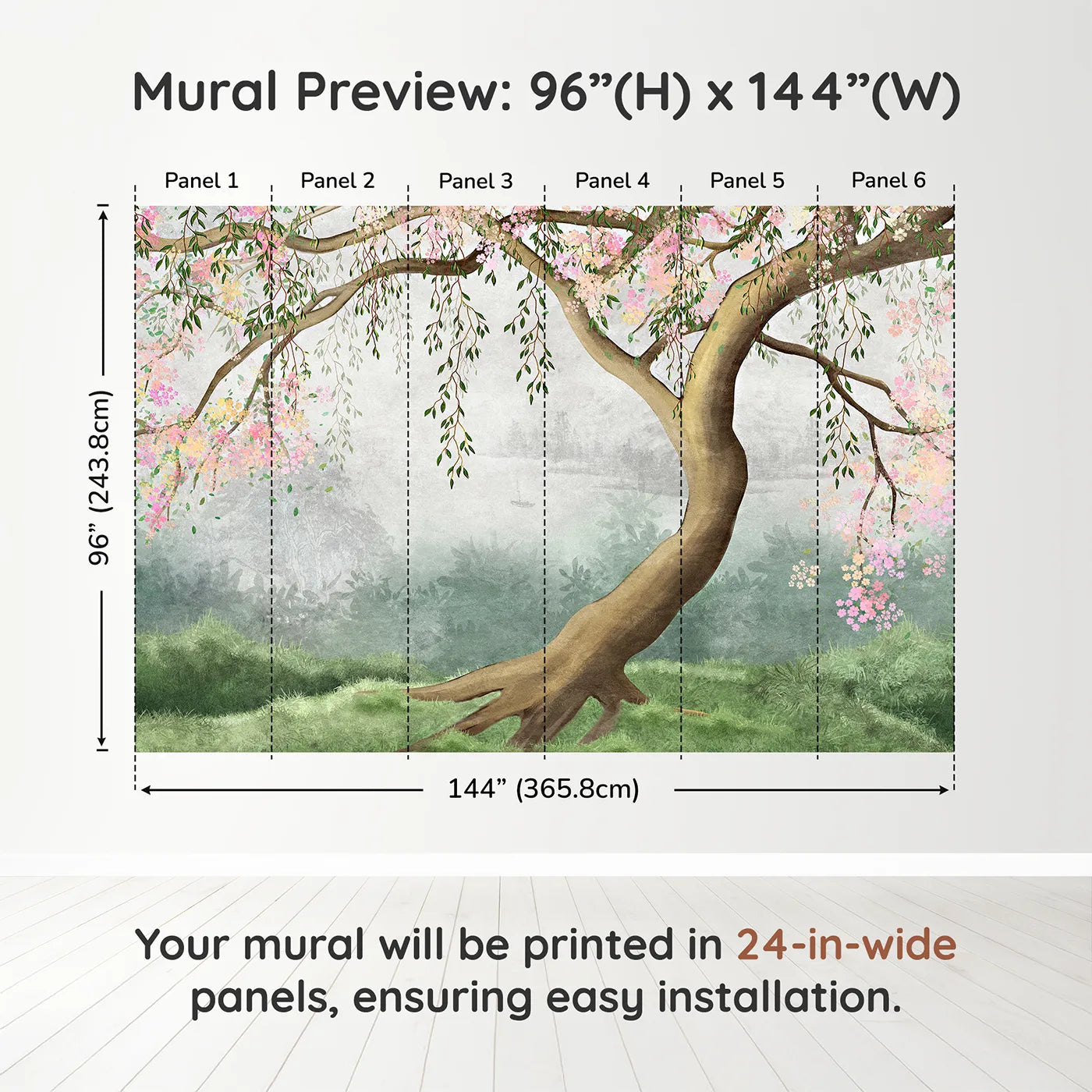 Whimsy Tots Misty Blossom Tree Wall Muraldimension view (96" H x 144" W). Printed in six 24-inch-wide panels. Gender-Neutral