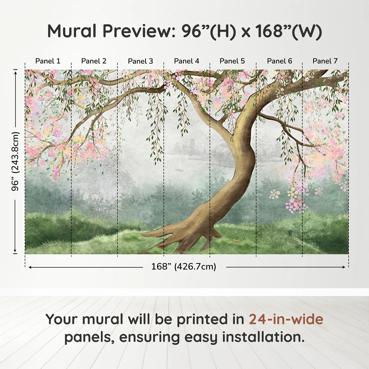 Whimsy Tots Misty Blossom Tree Wall Muraldimension view (96" H x 168" W). Printed in seven 24-inch-wide panels. Gender-Neutral