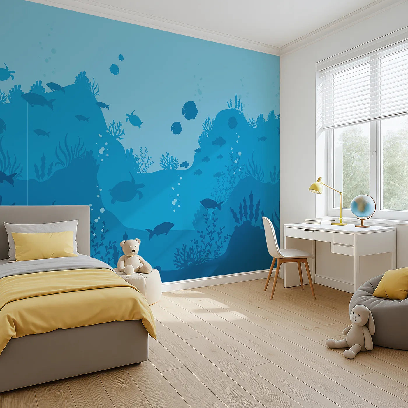 Angled view of Whimsy Tots' Underwater Kingdom Silhouette Wall Mural (Turn Their Room into a Deep Blue Ocean World).Gender-Neutral