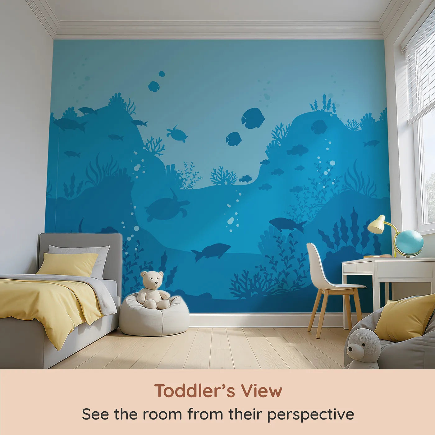 Whimsy Tots Underwater Kingdom Silhouette Wall Mural (Turn Their Room into a Deep Blue Ocean World) from your child's view.Gender-Neutral