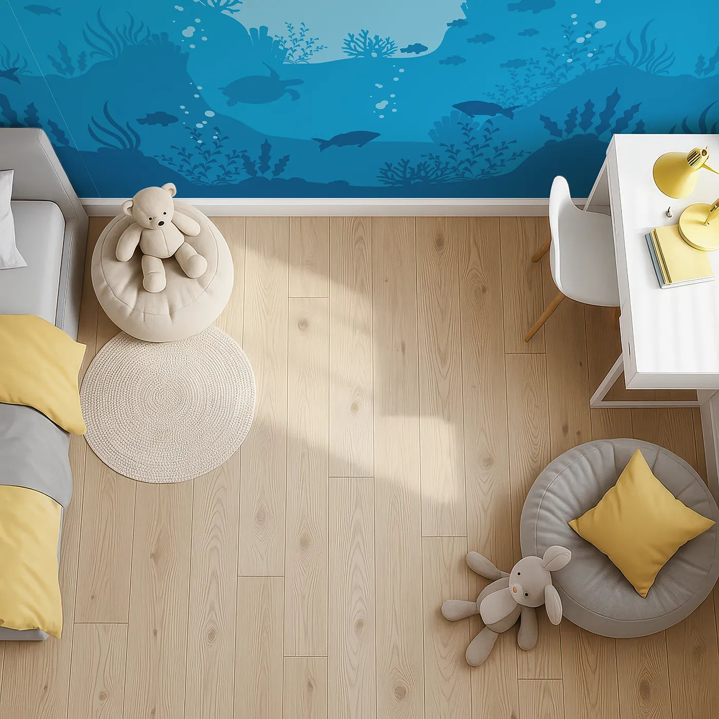 Top-down view of Whimsy Tots' Underwater Kingdom Silhouette Wall Mural (Turn Their Room into a Deep Blue Ocean World).Gender-Neutral
