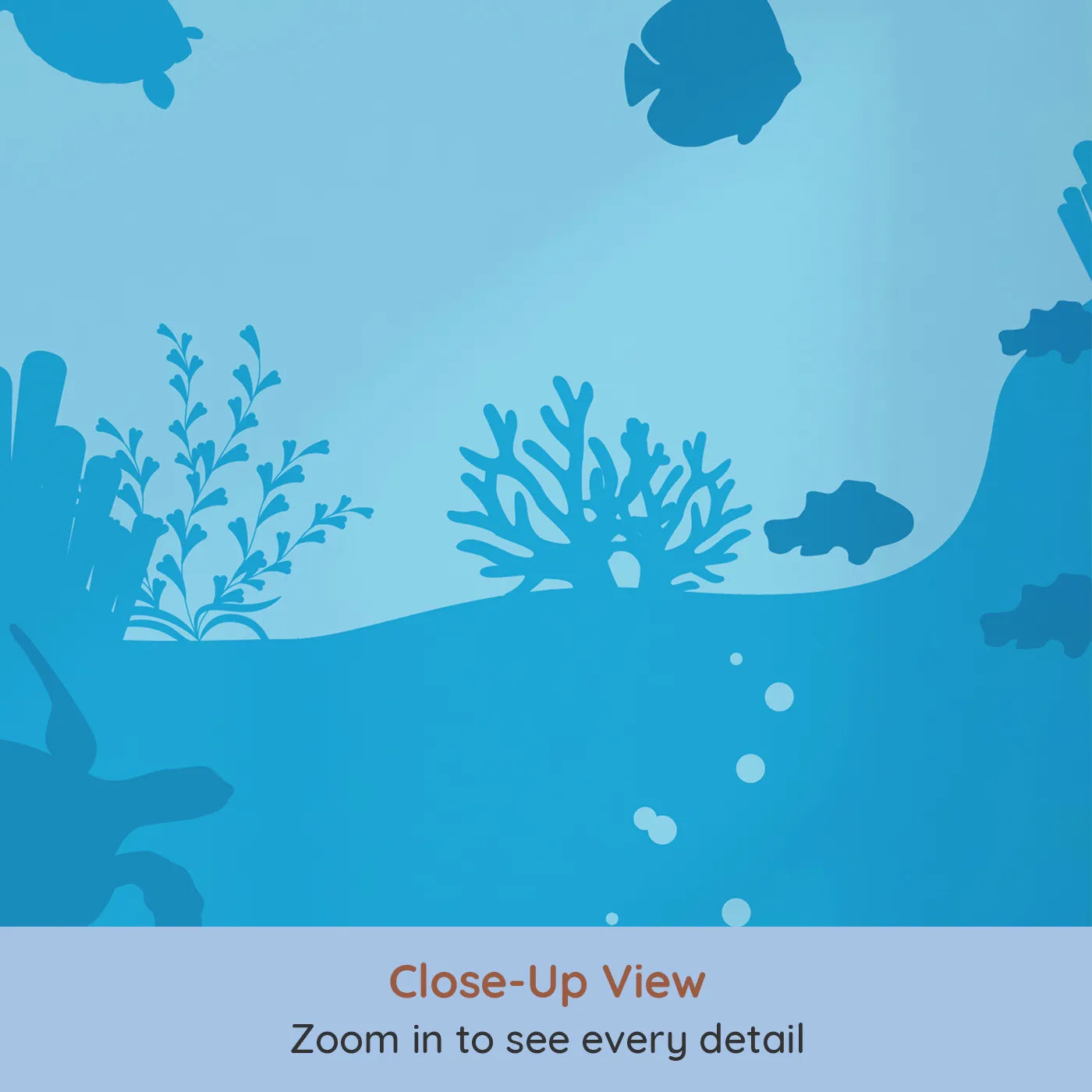 Close-up view of Whimsy Tots' Underwater Kingdom Silhouette Wall Mural (Turn Their Room into a Deep Blue Ocean World).Gender-Neutral