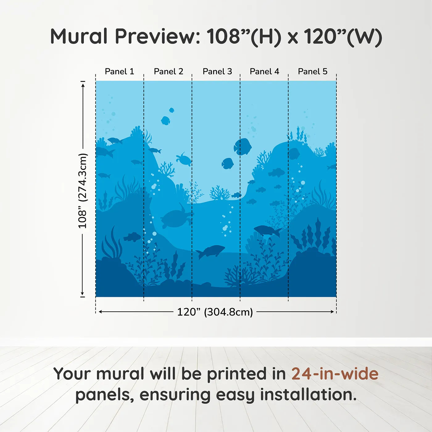 Whimsy Tots Underwater Kingdom Silhouette Wall Muraldimension view (108" H x 120" W). Printed in five 24-inch-wide panels. Gender-Neutral