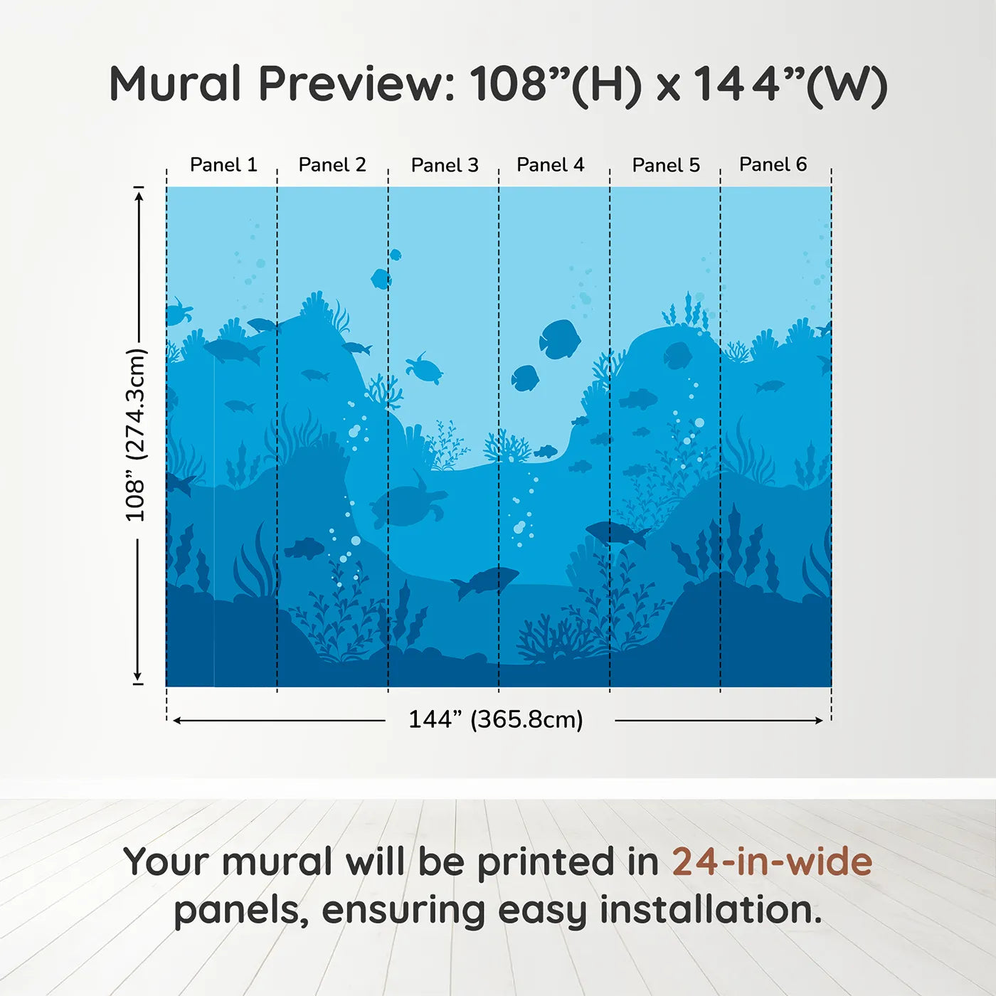 Whimsy Tots Underwater Kingdom Silhouette Wall Muraldimension view (108" H x 144" W). Printed in six 24-inch-wide panels. Gender-Neutral