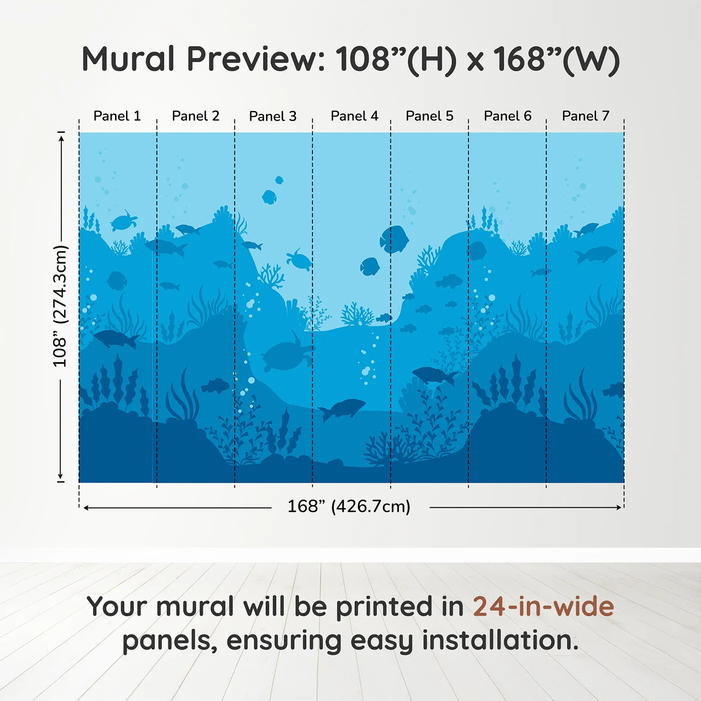 Whimsy Tots Underwater Kingdom Silhouette Wall Muraldimension view (108" H x 168" W). Printed in seven 24-inch-wide panels. Gender-Neutral