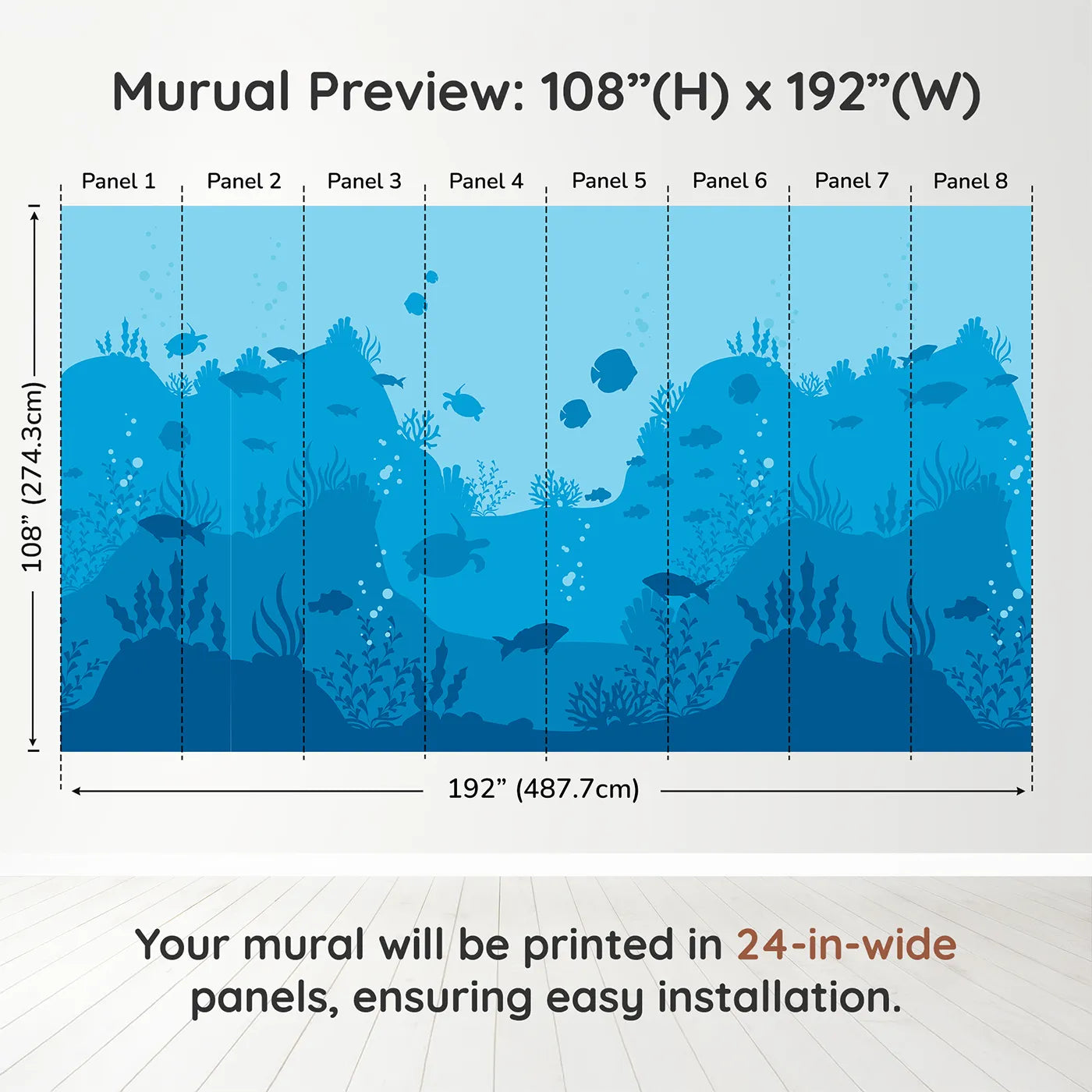 Whimsy Tots Underwater Kingdom Silhouette Wall Muraldimension view (108" H x 192" W). Printed in eight 24-inch-wide panels. Gender-Neutral