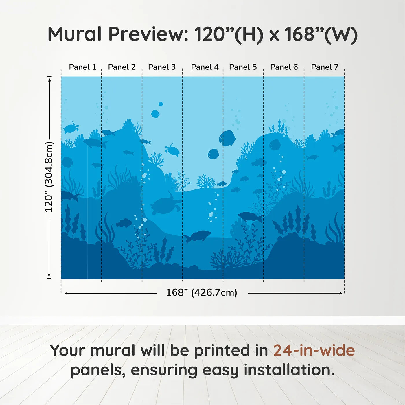 Whimsy Tots Underwater Kingdom Silhouette Wall Muraldimension view (120" H x 168" W). Printed in seven 24-inch-wide panels. Gender-Neutral