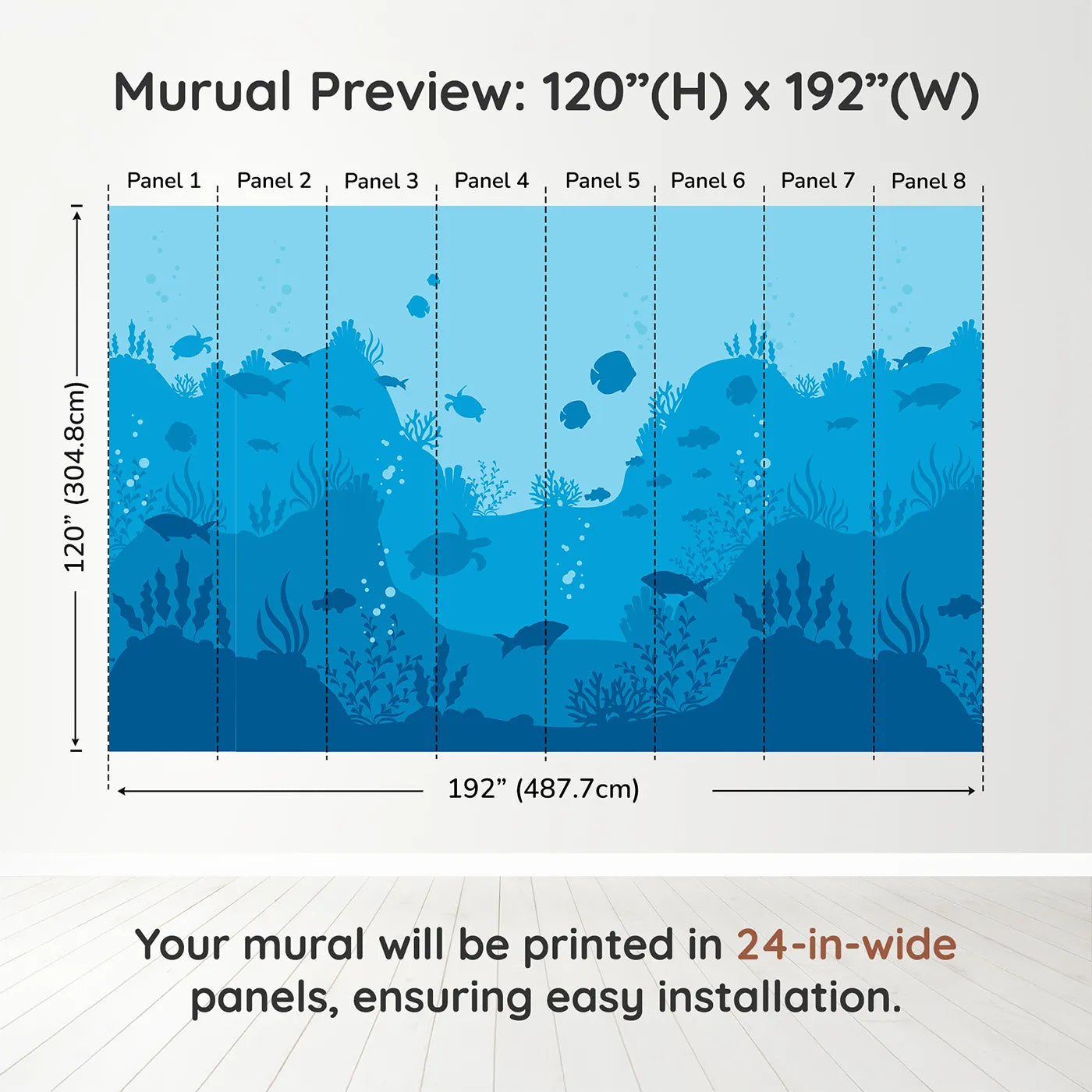 Whimsy Tots Underwater Kingdom Silhouette Wall Muraldimension view (120" H x 192" W). Printed in eight 24-inch-wide panels. Gender-Neutral
