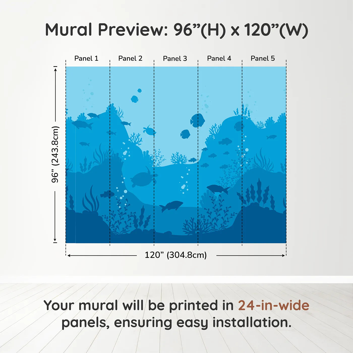 Whimsy Tots Underwater Kingdom Silhouette Wall Muraldimension view (96" H x 120" W). Printed in five 24-inch-wide panels. Gender-Neutral
