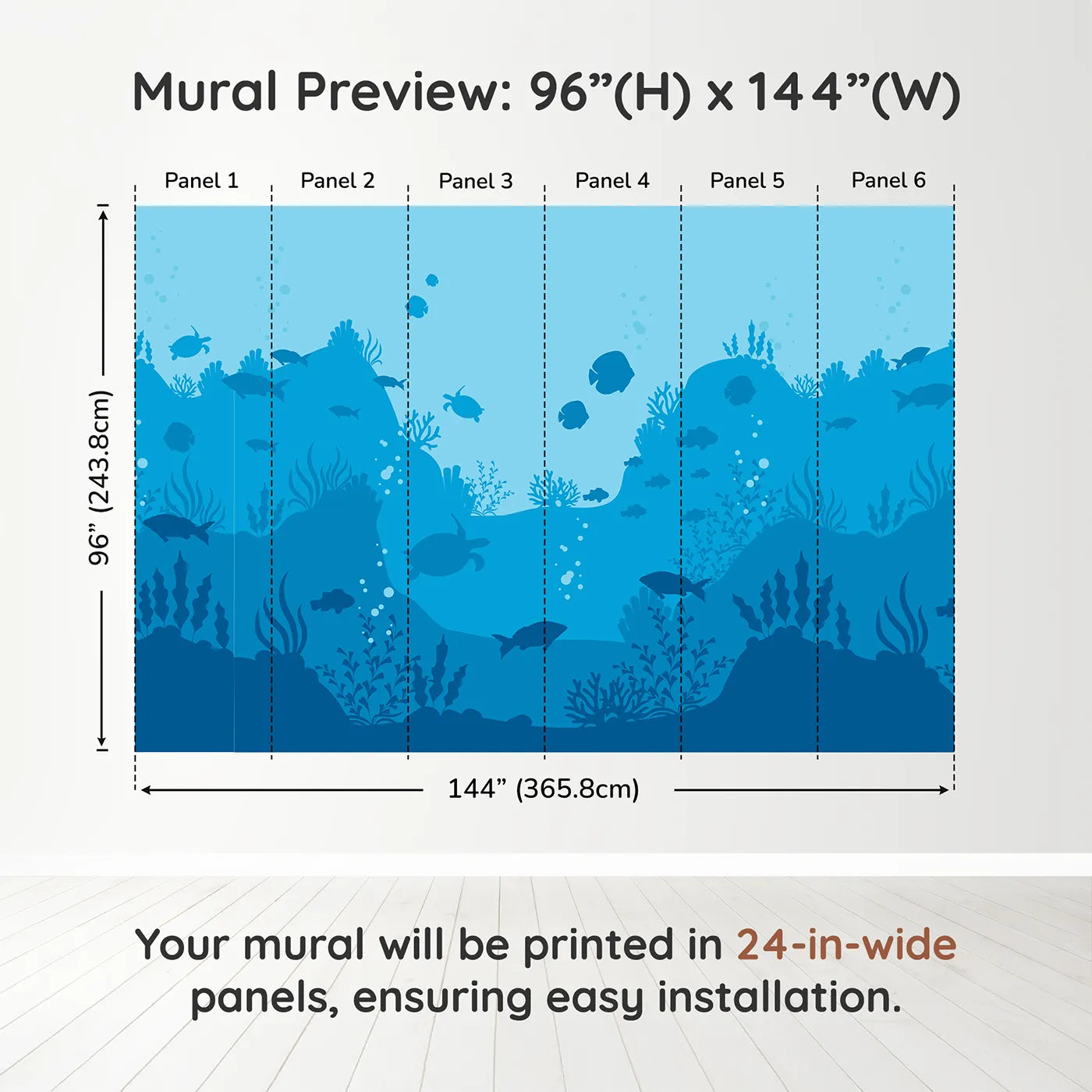 Whimsy Tots Underwater Kingdom Silhouette Wall Muraldimension view (96" H x 144" W). Printed in six 24-inch-wide panels. Gender-Neutral
