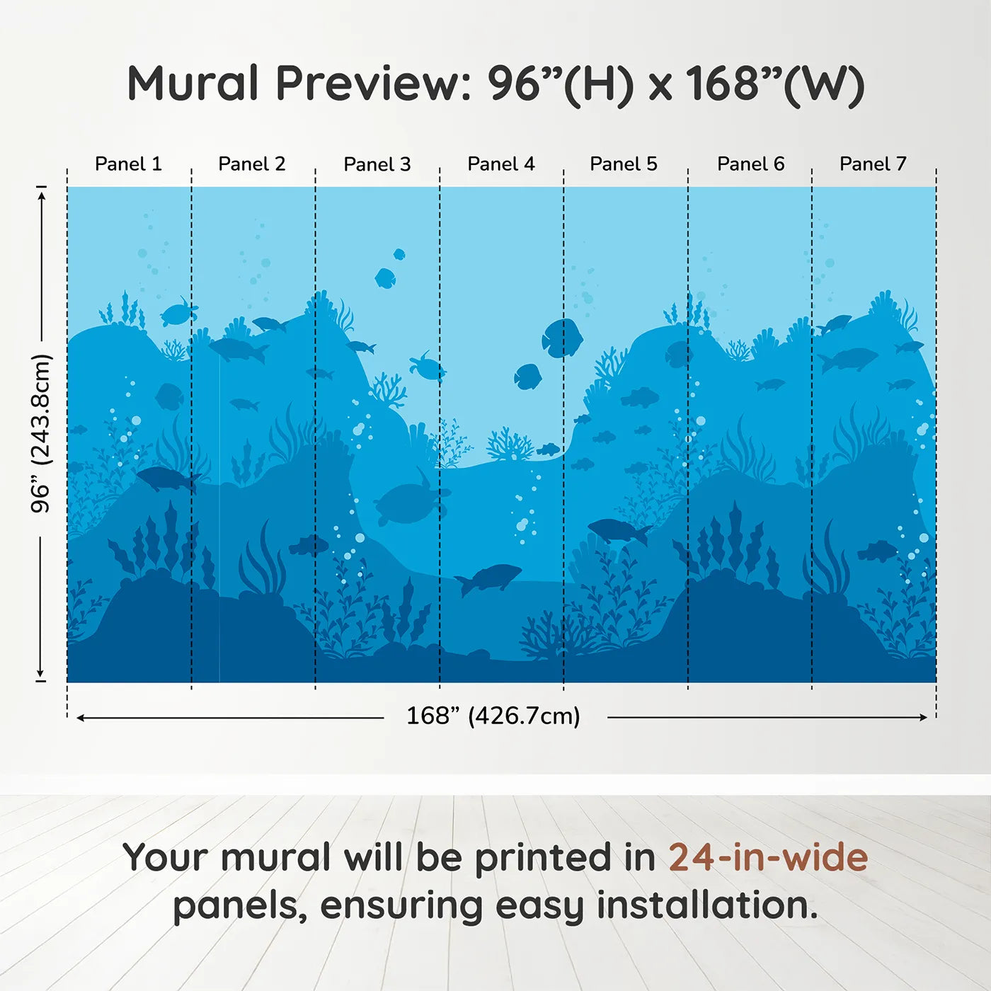 Whimsy Tots Underwater Kingdom Silhouette Wall Muraldimension view (96" H x 168" W). Printed in seven 24-inch-wide panels. Gender-Neutral