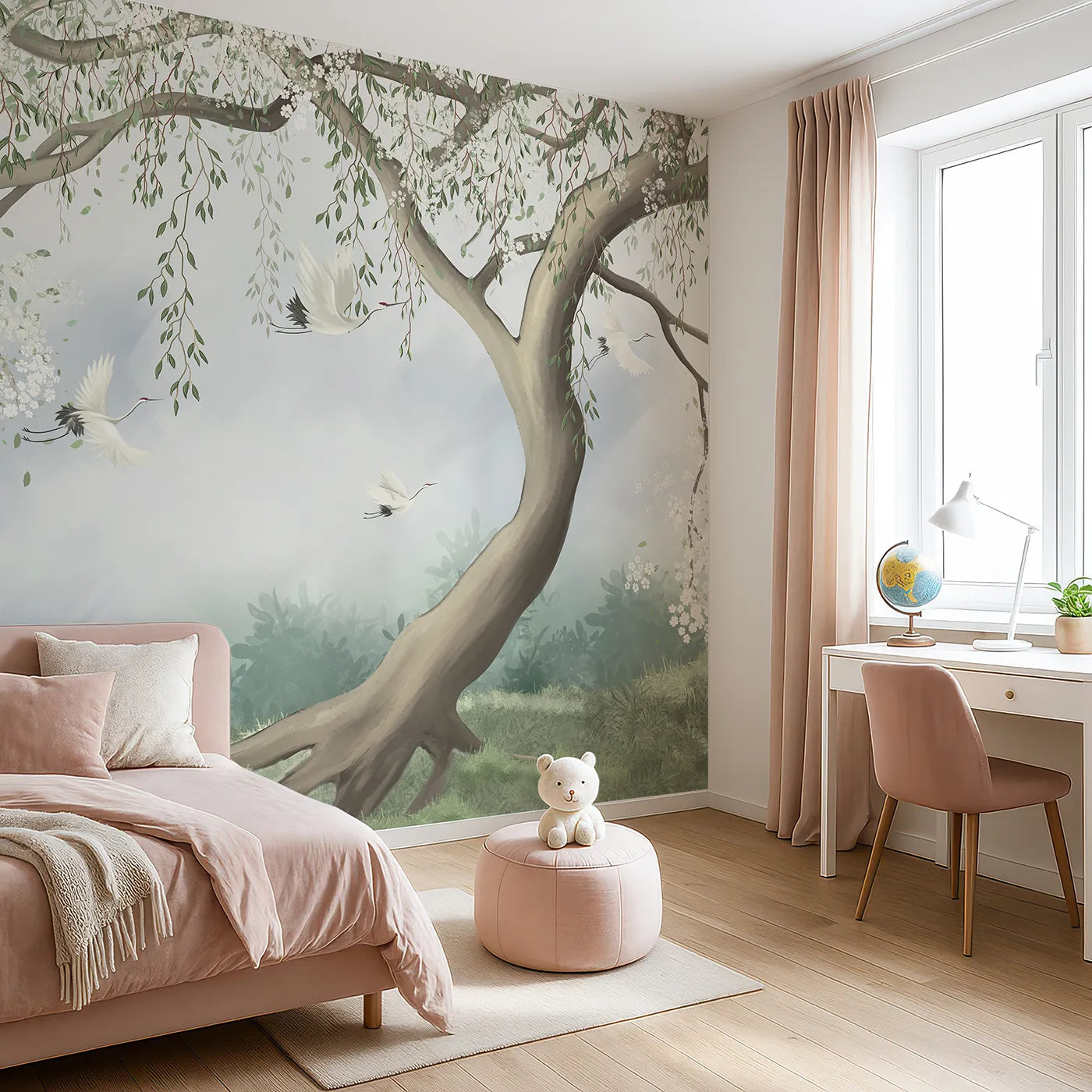 Angled view of Whimsy Tots' Flying Cranes Blossom Tree Wall Mural (Turn Their Room into a Scene of Elegant Grace).Gender-Neutral