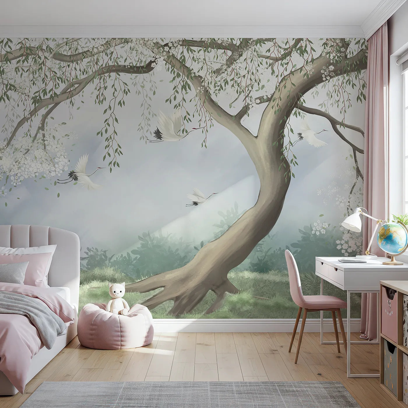 Front view of Whimsy Tots' Flying Cranes Blossom Tree Wall Mural