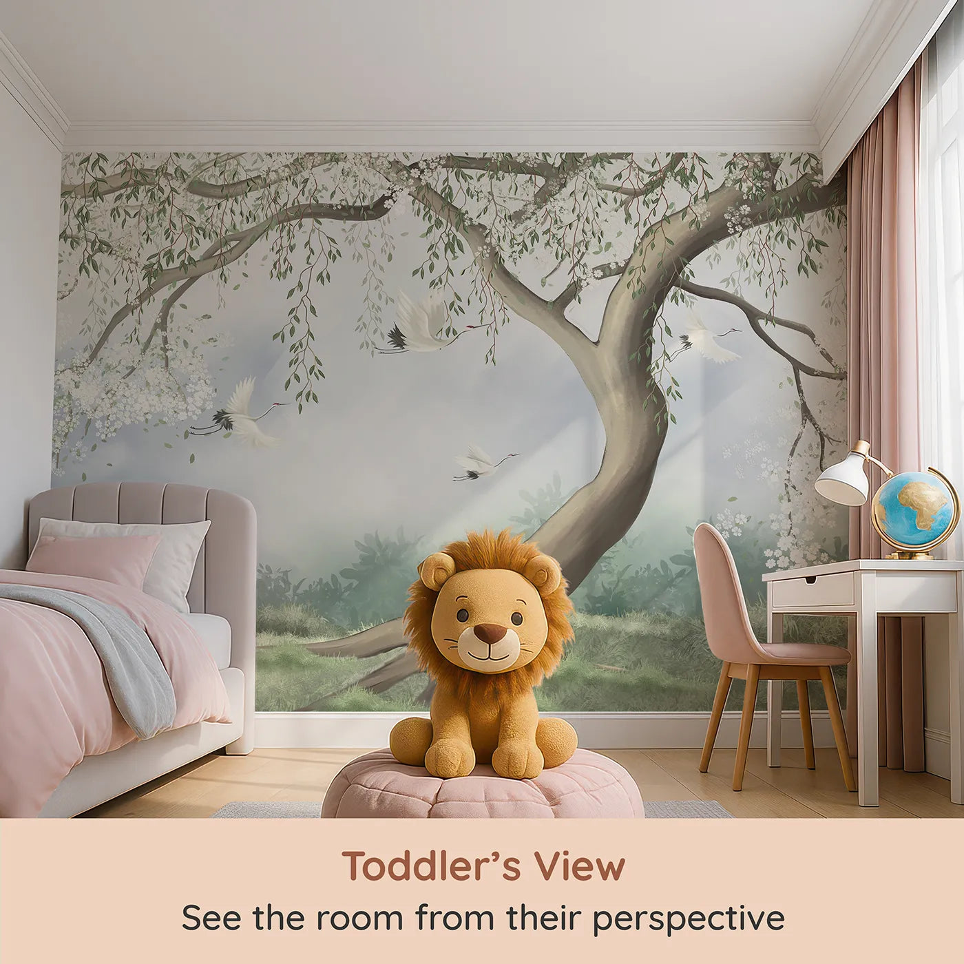 Whimsy Tots Flying Cranes Blossom Tree Wall Mural (Turn Their Room into a Scene of Elegant Grace) from your child's view.Gender-Neutral