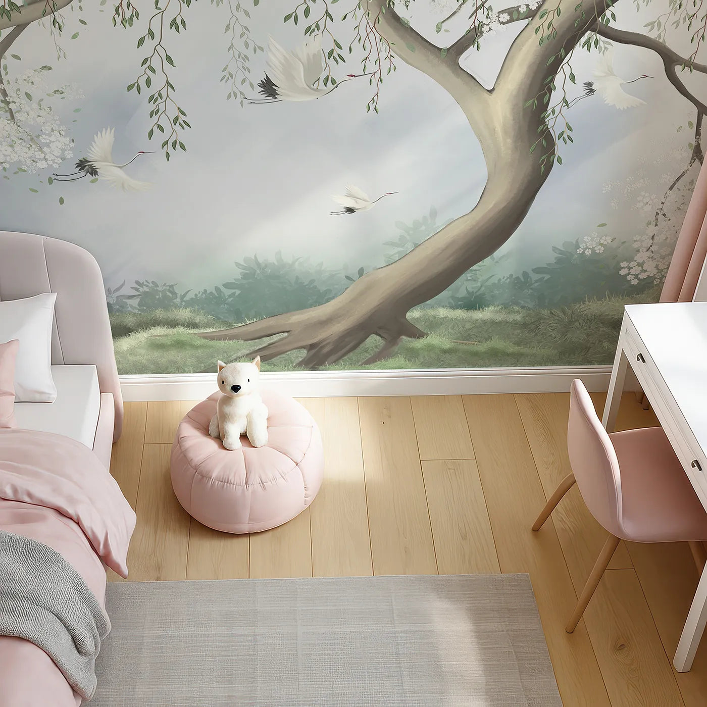 Top-down view of Whimsy Tots' Flying Cranes Blossom Tree Wall Mural (Turn Their Room into a Scene of Elegant Grace).Gender-Neutral