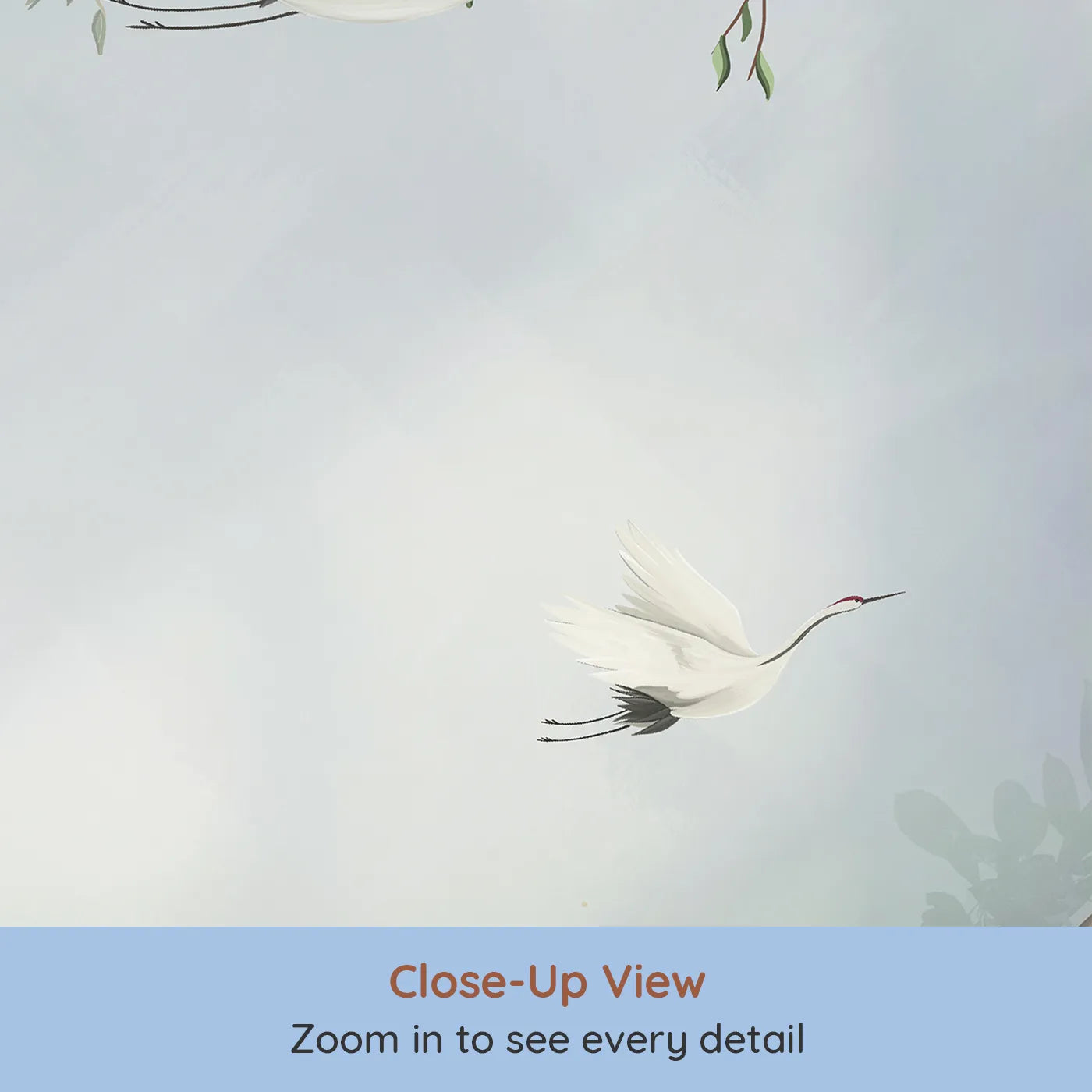 Close-up view of Whimsy Tots' Flying Cranes Blossom Tree Wall Mural (Turn Their Room into a Scene of Elegant Grace).Gender-Neutral