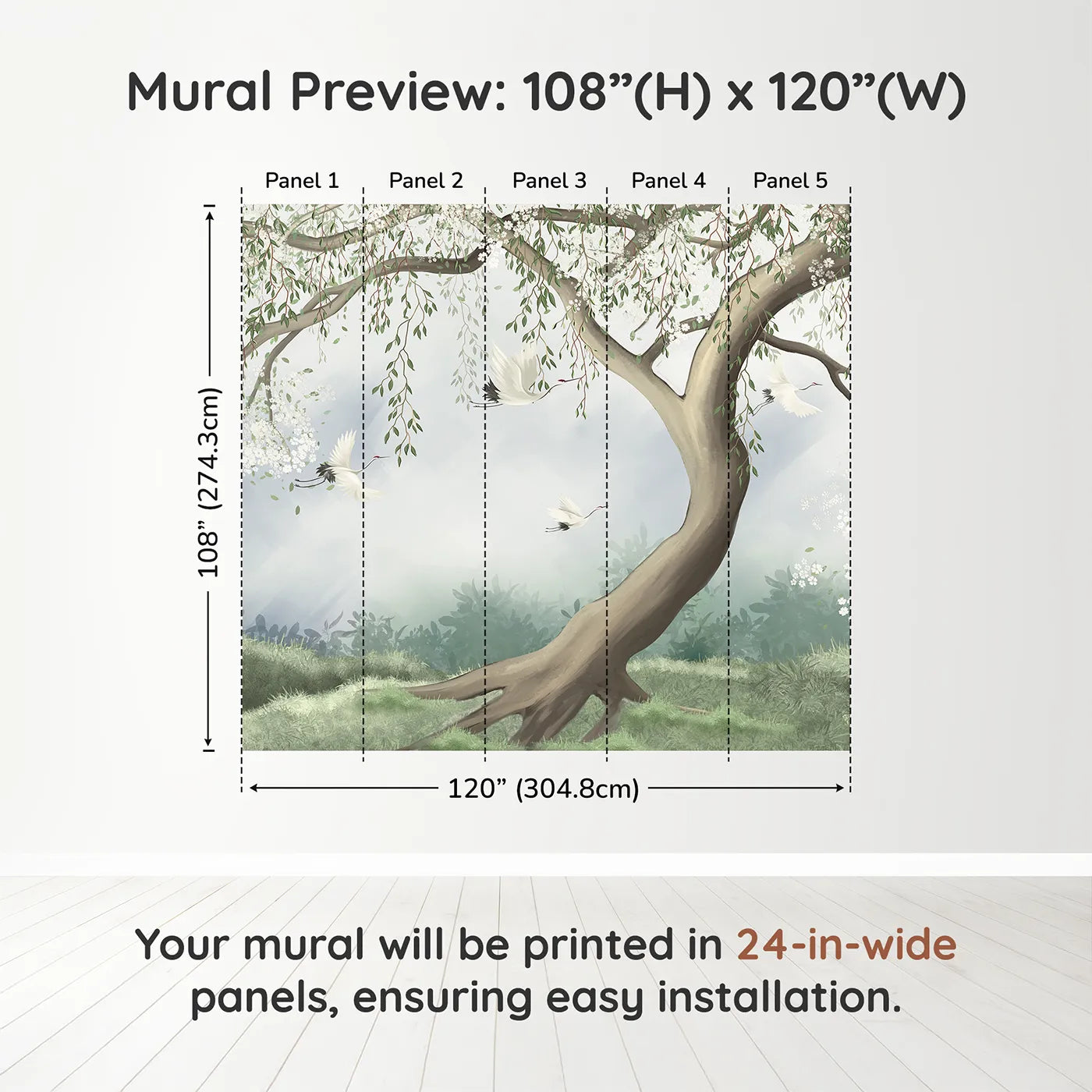 Whimsy Tots Flying Cranes Blossom Tree Wall Muraldimension view (108" H x 120" W). Printed in five 24-inch-wide panels. Gender-Neutral
