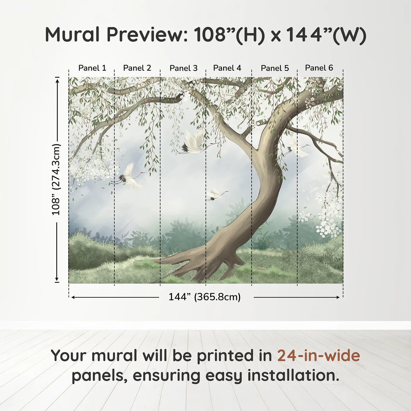 Whimsy Tots Flying Cranes Blossom Tree Wall Muraldimension view (108" H x 144" W). Printed in six 24-inch-wide panels. Gender-Neutral