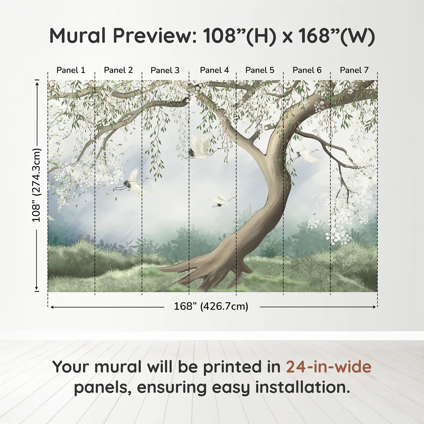 Whimsy Tots Flying Cranes Blossom Tree Wall Muraldimension view (108" H x 168" W). Printed in seven 24-inch-wide panels. Gender-Neutral
