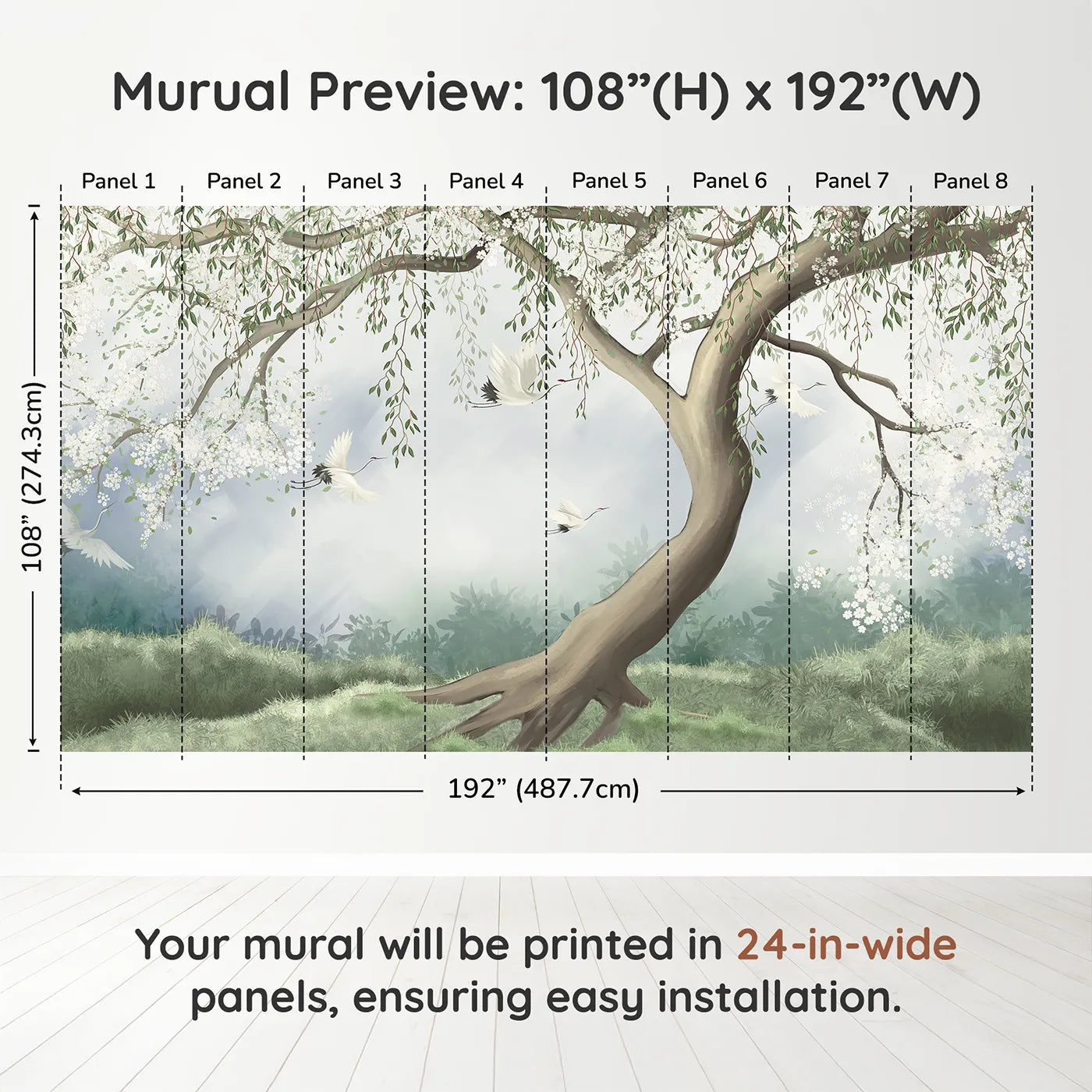 Whimsy Tots Flying Cranes Blossom Tree Wall Muraldimension view (108" H x 192" W). Printed in eight 24-inch-wide panels. Gender-Neutral