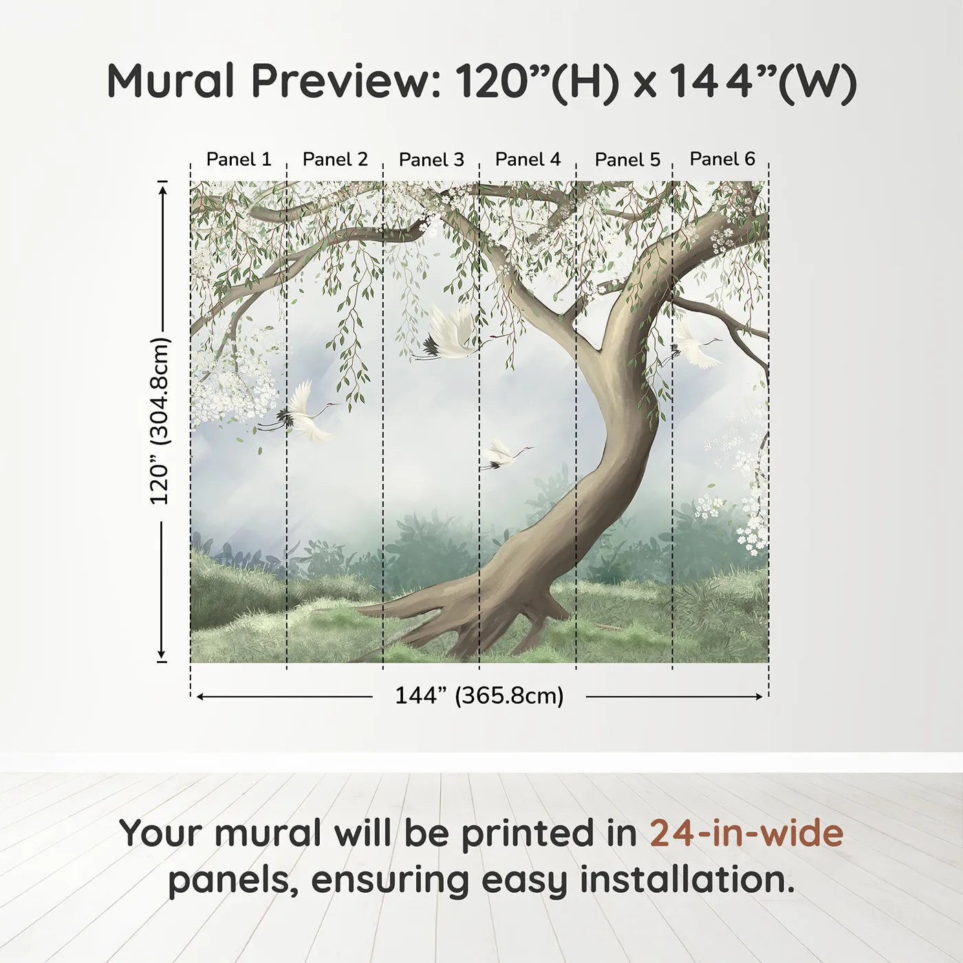 Whimsy Tots Flying Cranes Blossom Tree Wall Muraldimension view (120" H x 144" W). Printed in six 24-inch-wide panels. Gender-Neutral