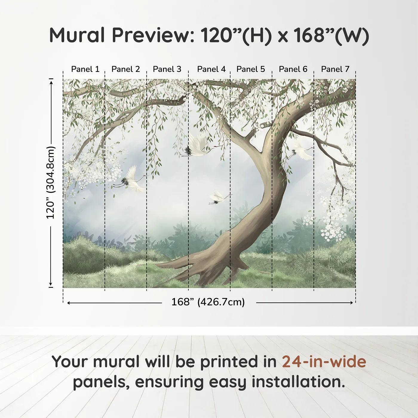 Whimsy Tots Flying Cranes Blossom Tree Wall Muraldimension view (120" H x 168" W). Printed in seven 24-inch-wide panels. Gender-Neutral
