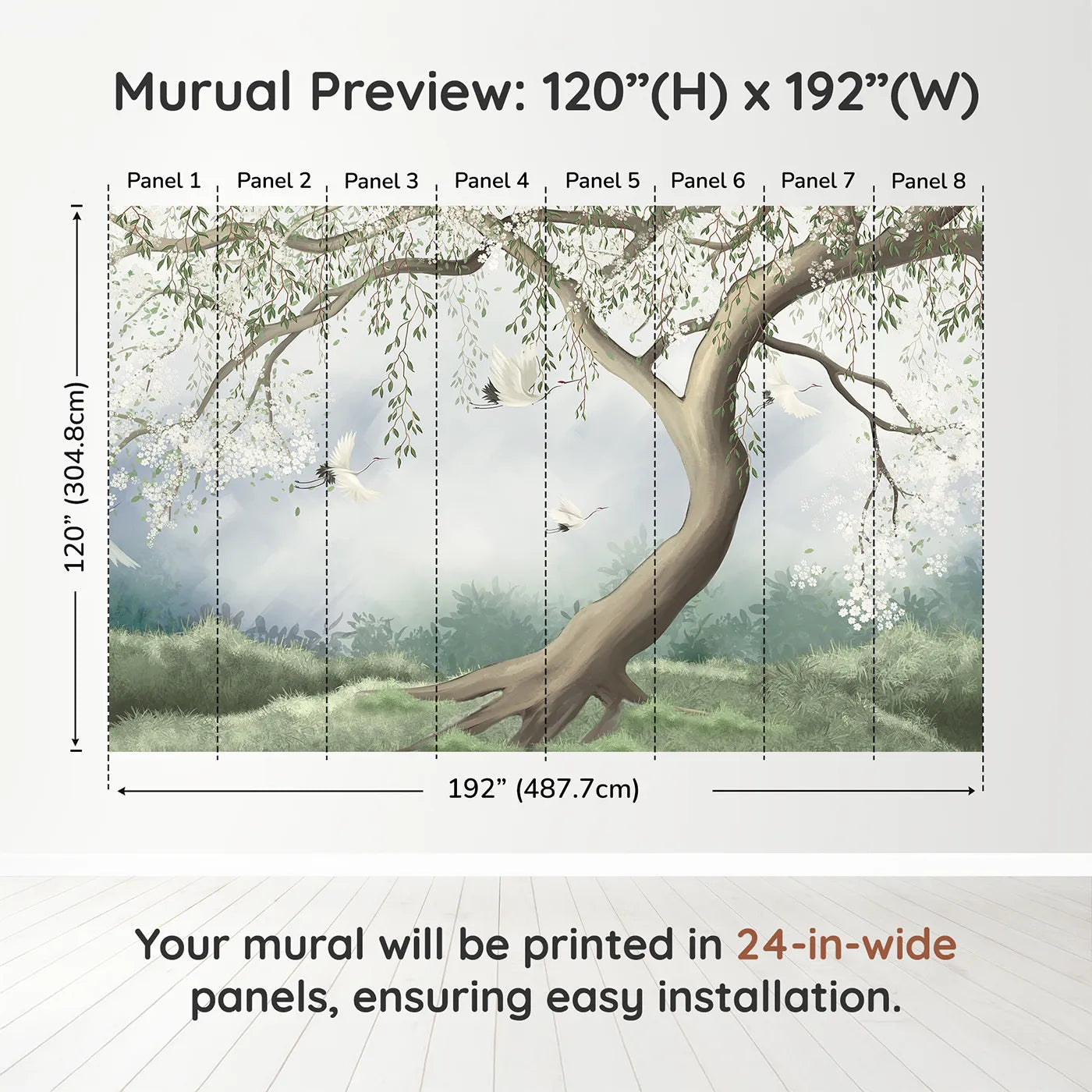 Whimsy Tots Flying Cranes Blossom Tree Wall Muraldimension view (120" H x 192" W). Printed in eight 24-inch-wide panels. Gender-Neutral