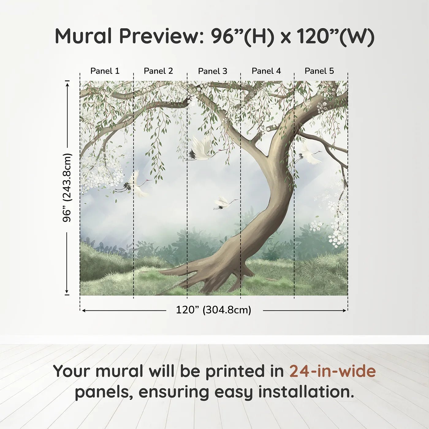 Whimsy Tots Flying Cranes Blossom Tree Wall Muraldimension view (96" H x 120" W). Printed in five 24-inch-wide panels. Gender-Neutral