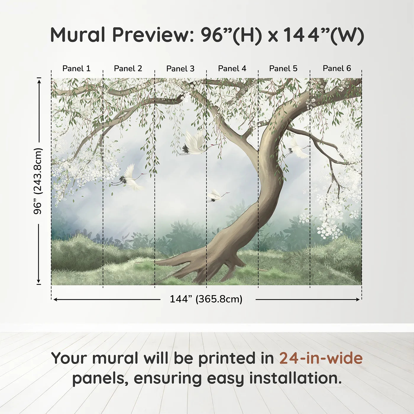 Whimsy Tots Flying Cranes Blossom Tree Wall Muraldimension view (96" H x 144" W). Printed in six 24-inch-wide panels. Gender-Neutral