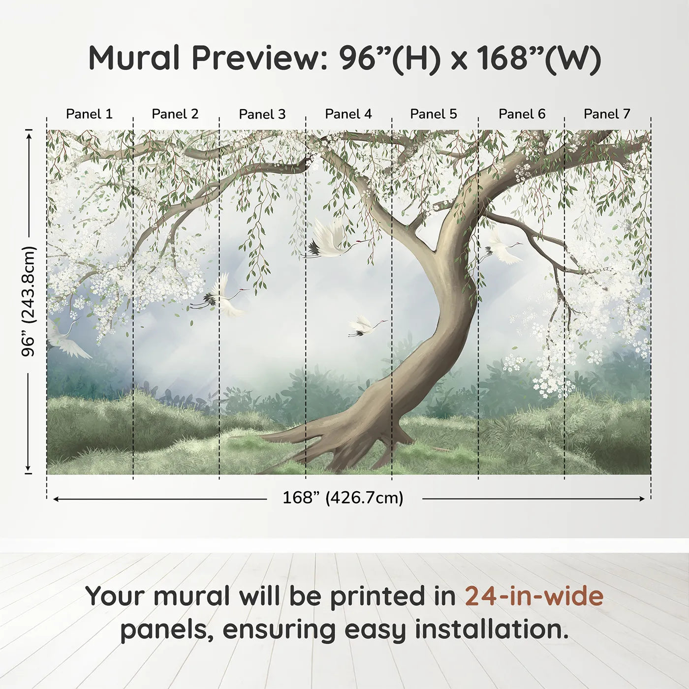 Whimsy Tots Flying Cranes Blossom Tree Wall Muraldimension view (96" H x 168" W). Printed in seven 24-inch-wide panels. Gender-Neutral