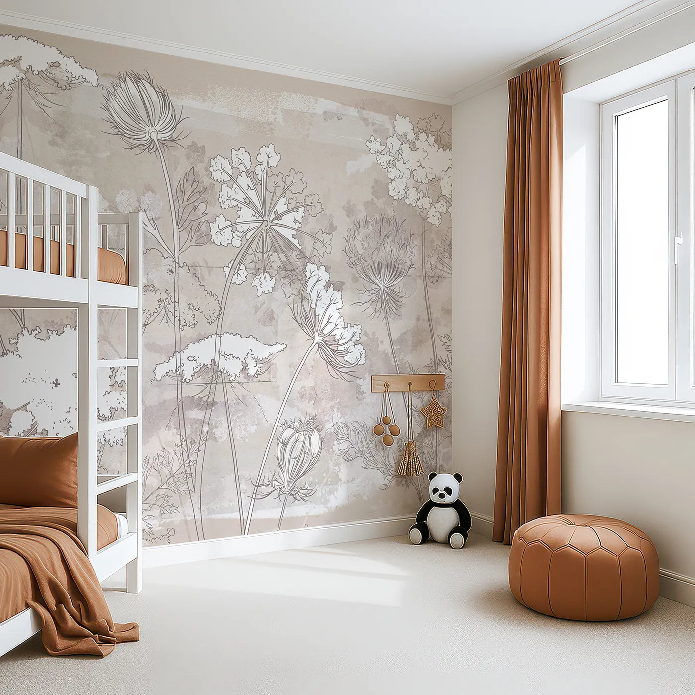 Angled view of Whimsy Tots' Wildflower Sketch Wall Mural in Beige (Turn Their Room into a Rustic, Artistic Meadow).Gender-Neutral