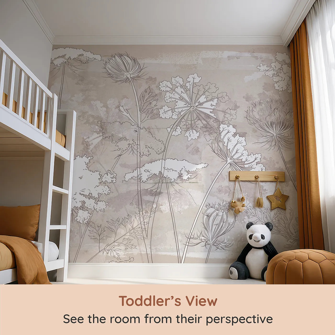 Whimsy Tots Wildflower Sketch Wall Mural in Beige (Turn Their Room into a Rustic, Artistic Meadow) from your child's view.Gender-Neutral