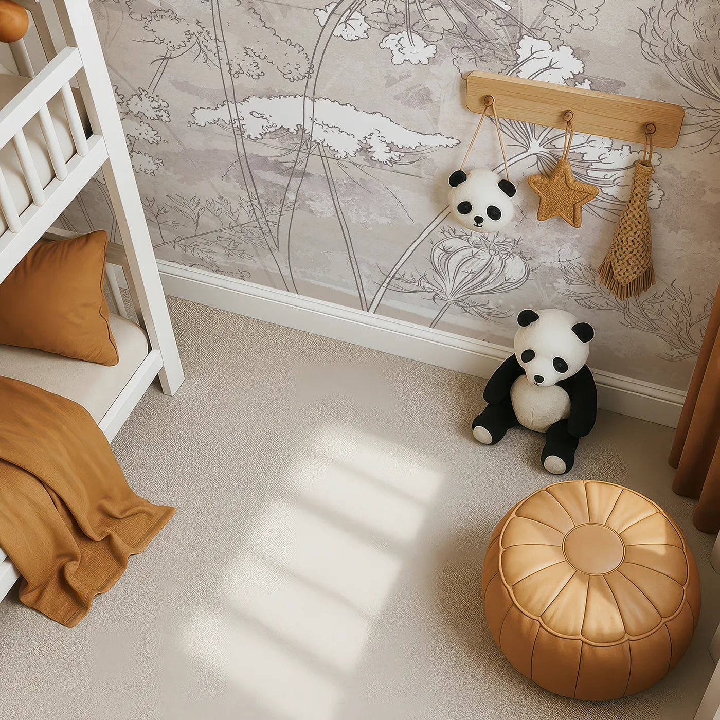 Top-down view of Whimsy Tots' Wildflower Sketch Wall Mural in Beige (Turn Their Room into a Rustic, Artistic Meadow).Gender-Neutral