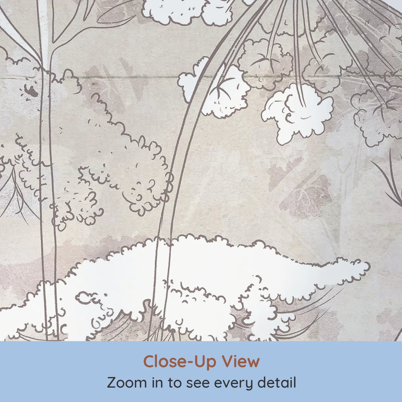 Close-up view of Whimsy Tots' Wildflower Sketch Wall Mural in Beige (Turn Their Room into a Rustic, Artistic Meadow).Gender-Neutral