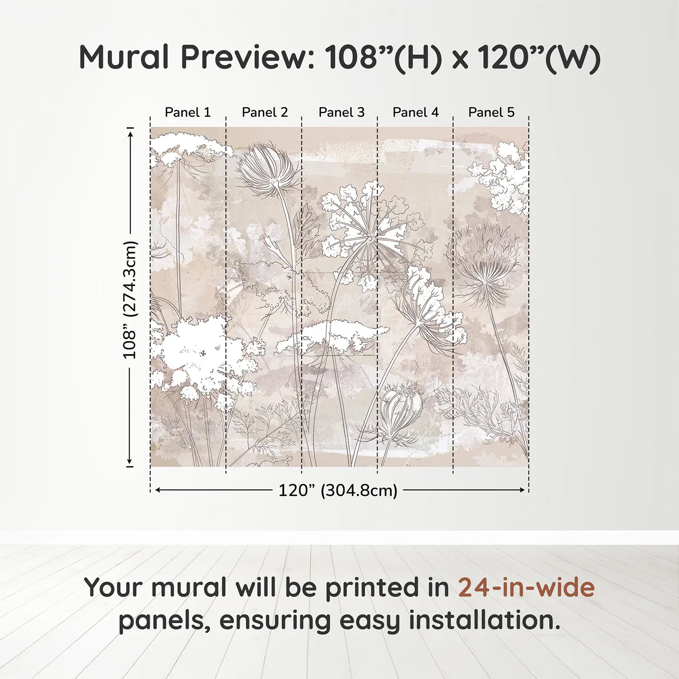 Whimsy Tots Wildflower Sketch Wall Mural in Beigedimension view (108" H x 120" W). Printed in five 24-inch-wide panels. Gender-Neutral