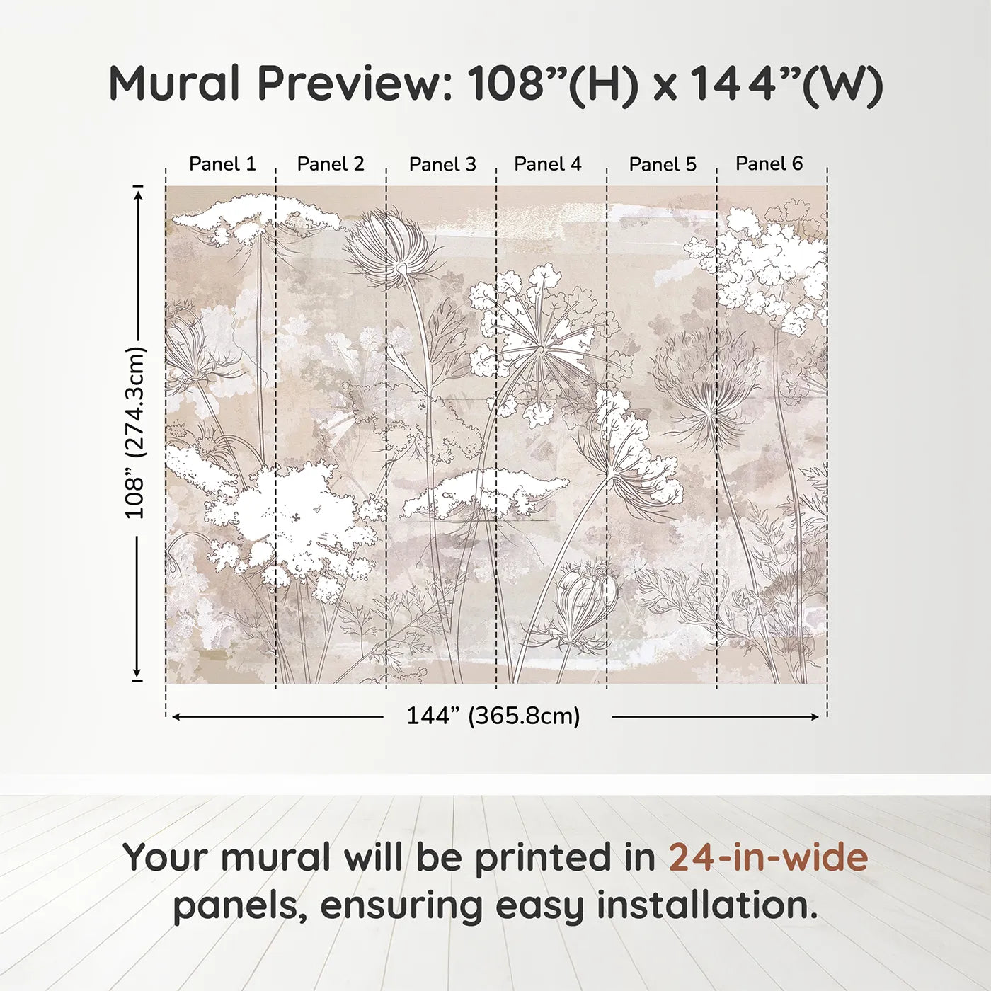 Whimsy Tots Wildflower Sketch Wall Mural in Beigedimension view (108" H x 144" W). Printed in six 24-inch-wide panels. Gender-Neutral