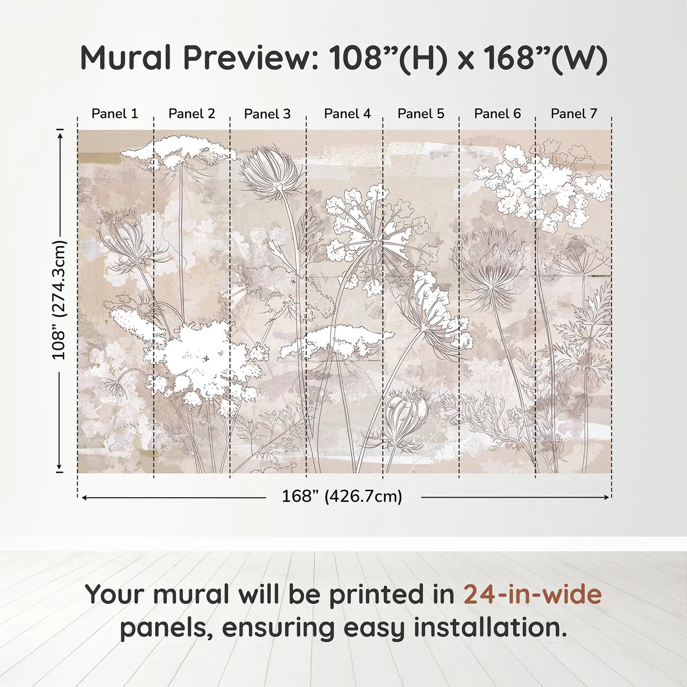 Whimsy Tots Wildflower Sketch Wall Mural in Beigedimension view (108" H x 168" W). Printed in seven 24-inch-wide panels. Gender-Neutral