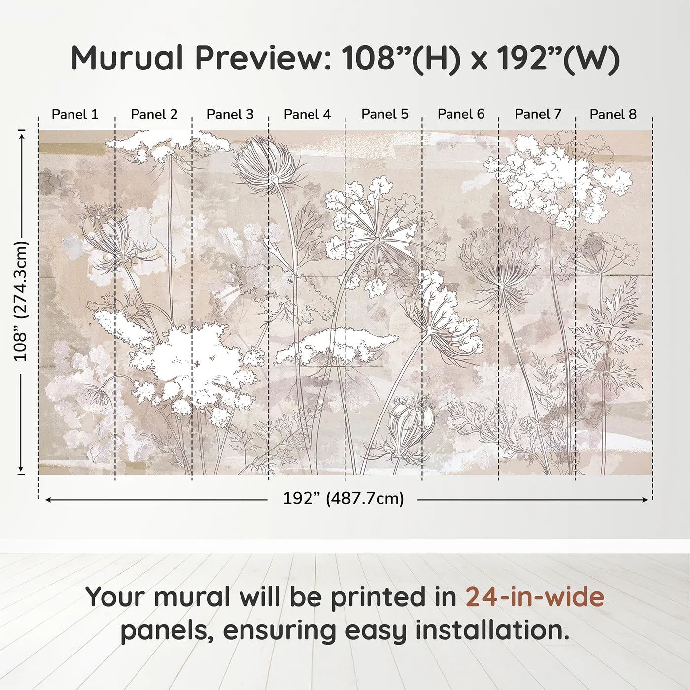 Whimsy Tots Wildflower Sketch Wall Mural in Beigedimension view (108" H x 192" W). Printed in eight 24-inch-wide panels. Gender-Neutral