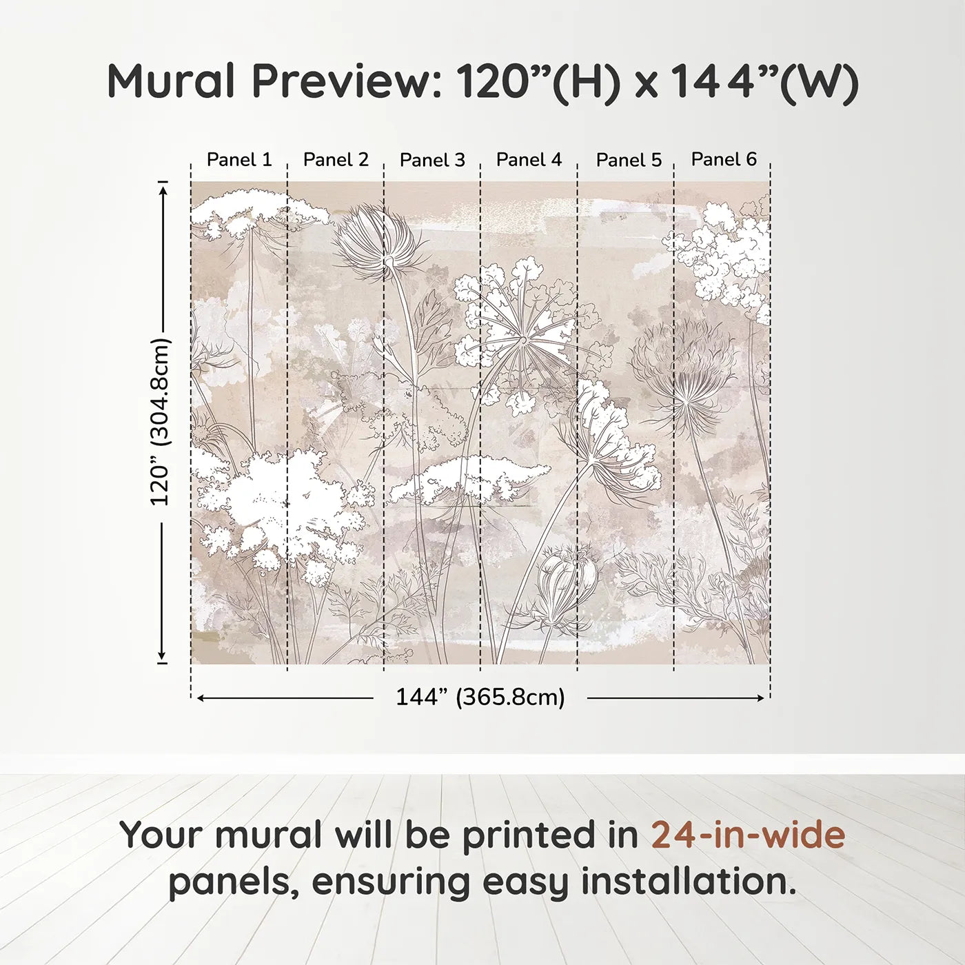 Whimsy Tots Wildflower Sketch Wall Mural in Beigedimension view (120" H x 144" W). Printed in six 24-inch-wide panels. Gender-Neutral