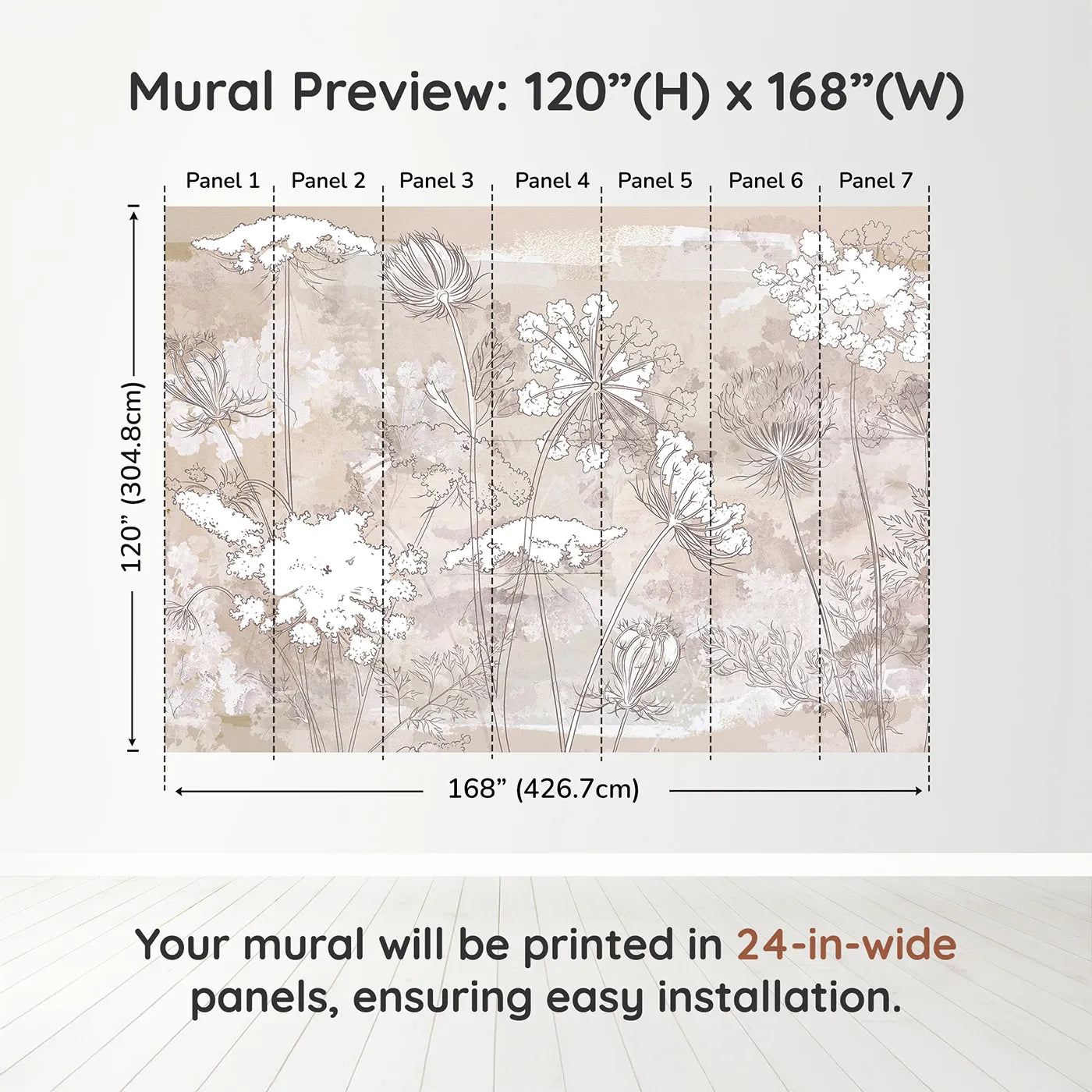 Whimsy Tots Wildflower Sketch Wall Mural in Beigedimension view (120" H x 168" W). Printed in seven 24-inch-wide panels. Gender-Neutral