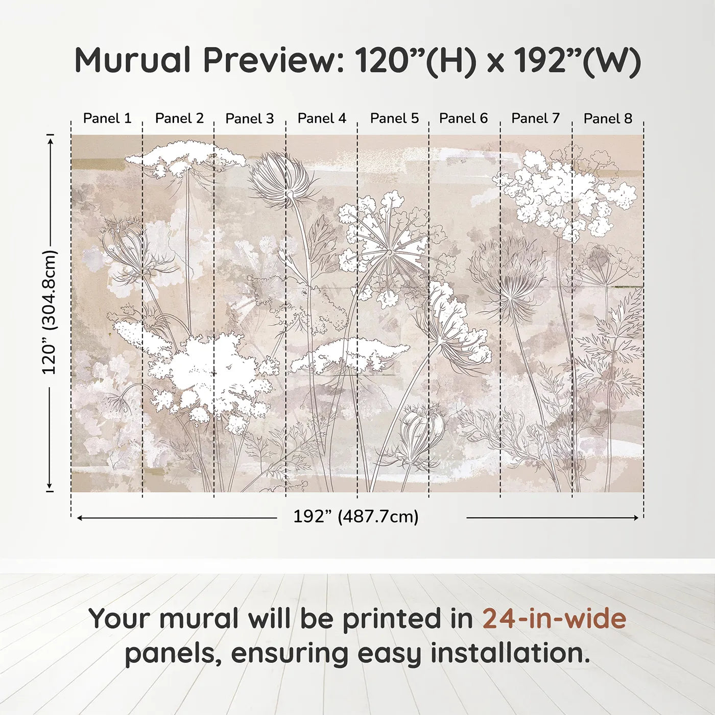 Whimsy Tots Wildflower Sketch Wall Mural in Beigedimension view (120" H x 192" W). Printed in eight 24-inch-wide panels. Gender-Neutral