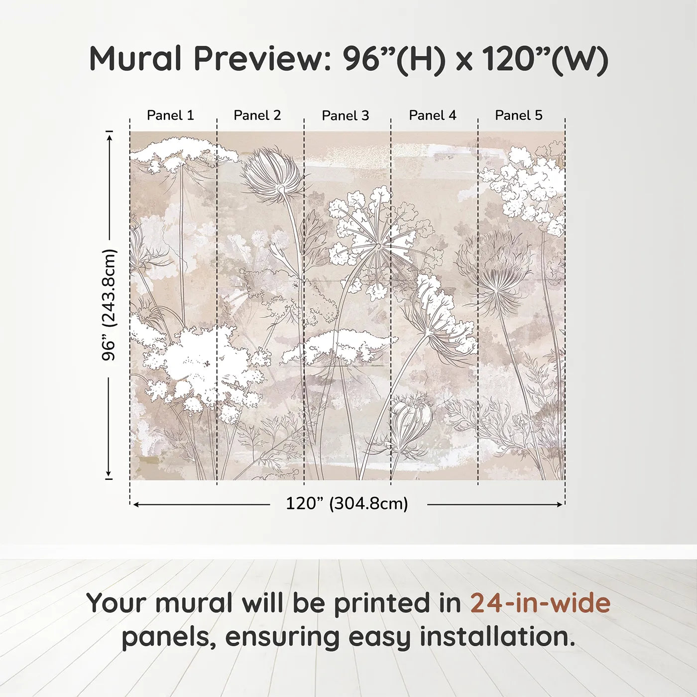 Whimsy Tots Wildflower Sketch Wall Mural in Beigedimension view (96" H x 120" W). Printed in five 24-inch-wide panels. Gender-Neutral