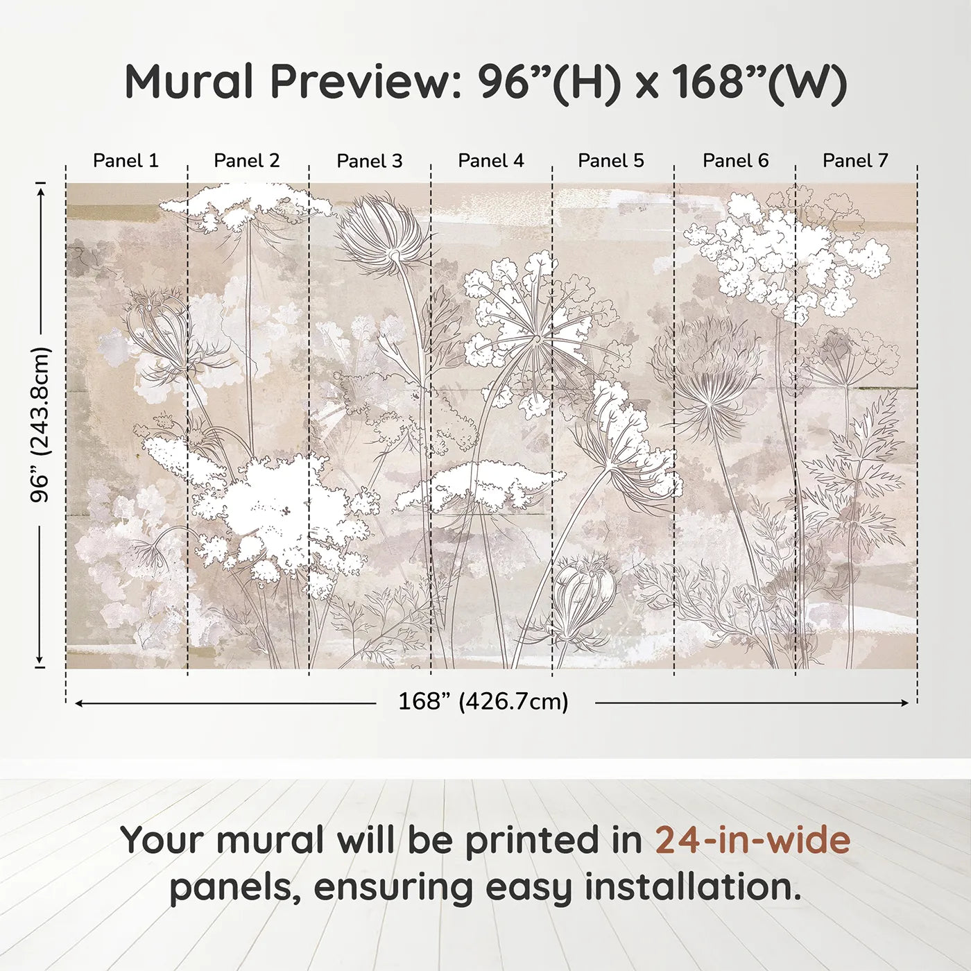 Whimsy Tots Wildflower Sketch Wall Mural in Beigedimension view (96" H x 168" W). Printed in seven 24-inch-wide panels. Gender-Neutral