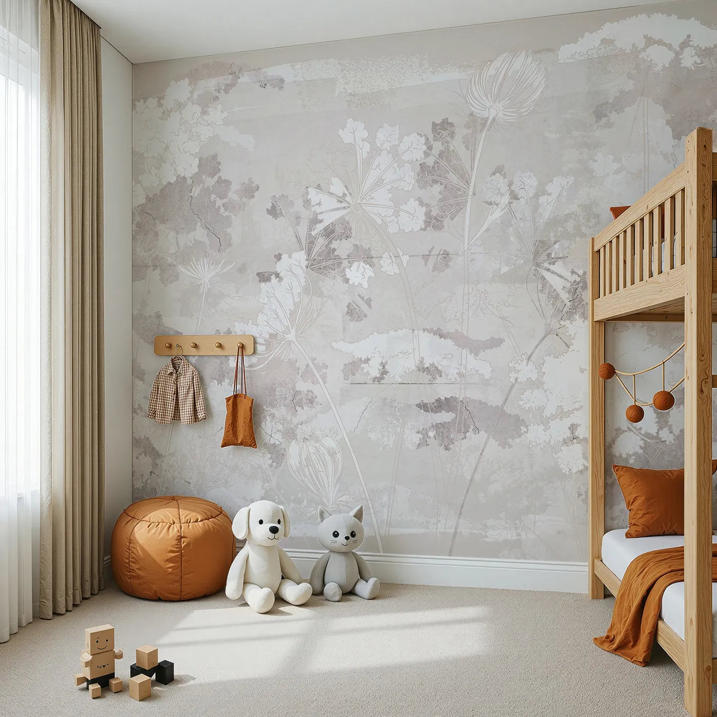 Angled view of Whimsy Tots' Abstract Floral Sketch Wall Mural (Turn Their Room into a Faded, Dreamy Garden).Gender-Neutral