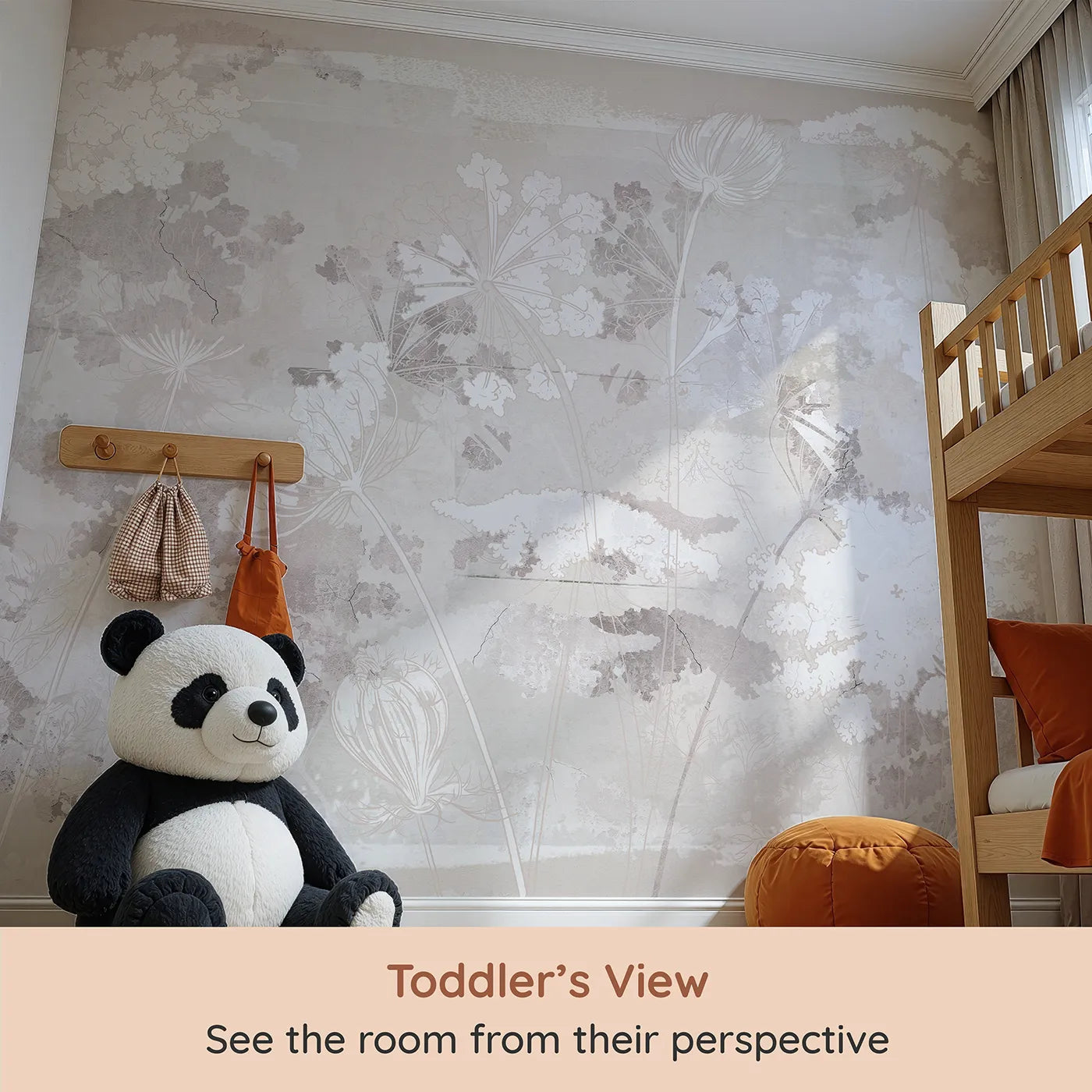 Whimsy Tots Abstract Floral Sketch Wall Mural (Turn Their Room into a Faded, Dreamy Garden) from your child's view.Gender-Neutral