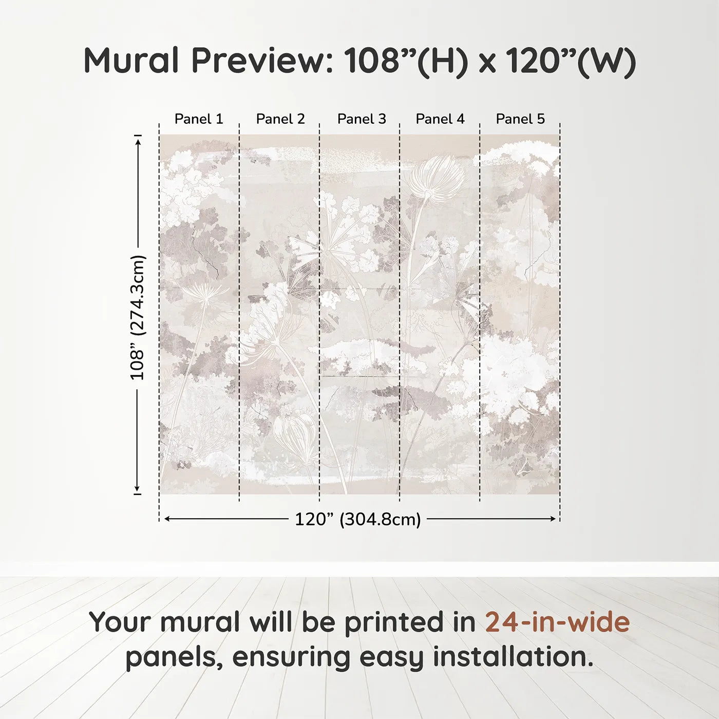 Whimsy Tots Abstract Floral Sketch Wall Muraldimension view (108" H x 120" W). Printed in five 24-inch-wide panels. Gender-Neutral